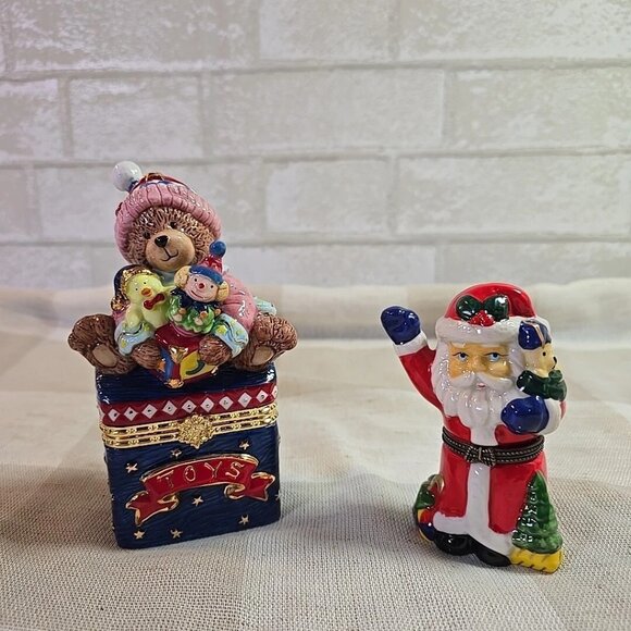 Set of 2 Porcelain Christmas Trinket Boxes ~ Teddy Bear w/ Toys and Santa - Picture 1 of 7